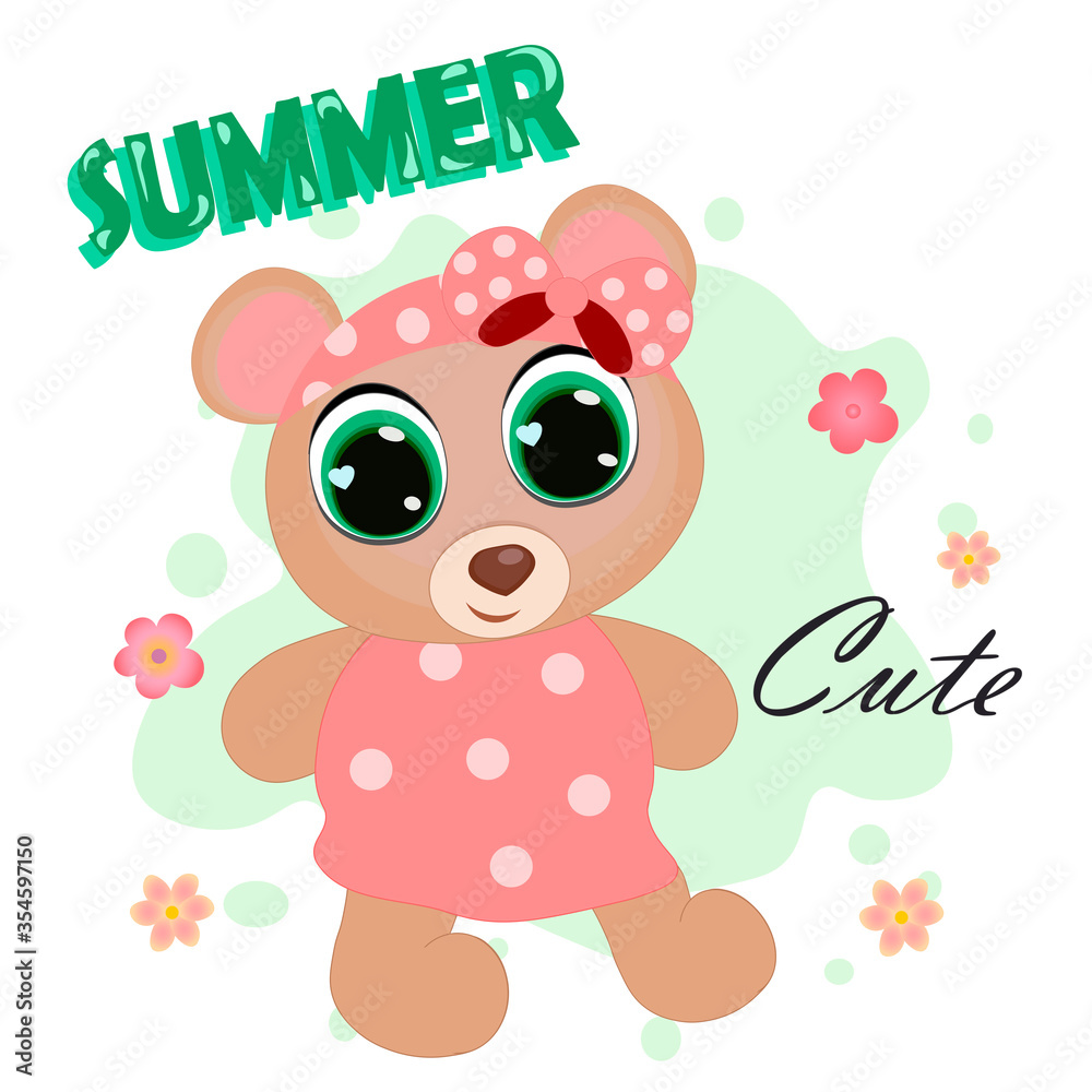Cute baby bear cartoon dress, pink flowers having, fun with summer on background illustration vector.