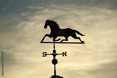 Closeup shot of a horse weather vane set against a sunset sky