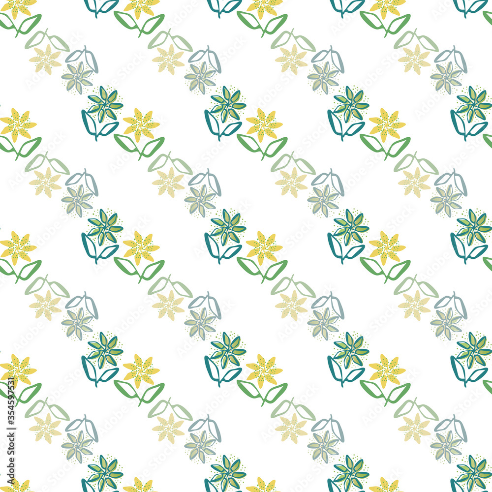 Modern hand drawn flowers seamless vector pattern background. Diagonal rows of painterly flowers with offset color on white backdrop. Geometric botanical design. All over print for beauty packaging