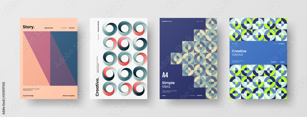 Company identity brochure template collection. Business presentation vector A4 vertical orientation front page mock up set. Corporate report cover abstract geometric illustration design layout bundle.