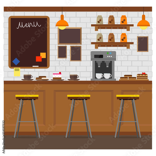 Interior of a cozy cafe. Family coffee shop with treats for a pleasant stay. Vector illustration.