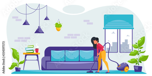 Young woman vacuuming in the living room. House cleaning. Woman cleaning. Vector illustration in flat style.