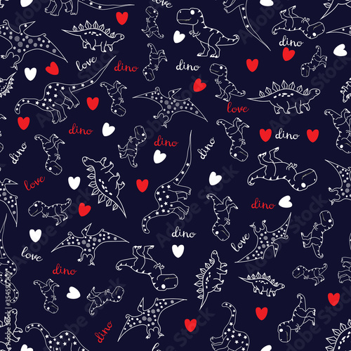 Cute hand drawn dinosaur vector seamless pattern background.