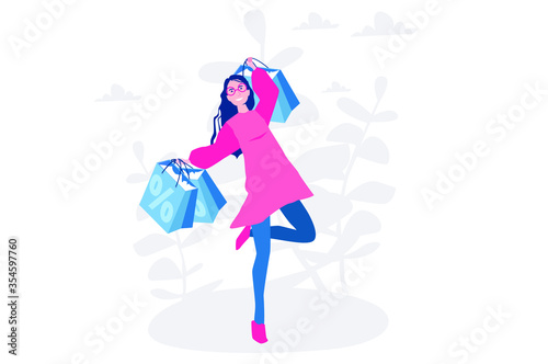 Big sale % Discount, happy woman with Shopping Bags, Vector illustration for web banner, infographics, mobile. 