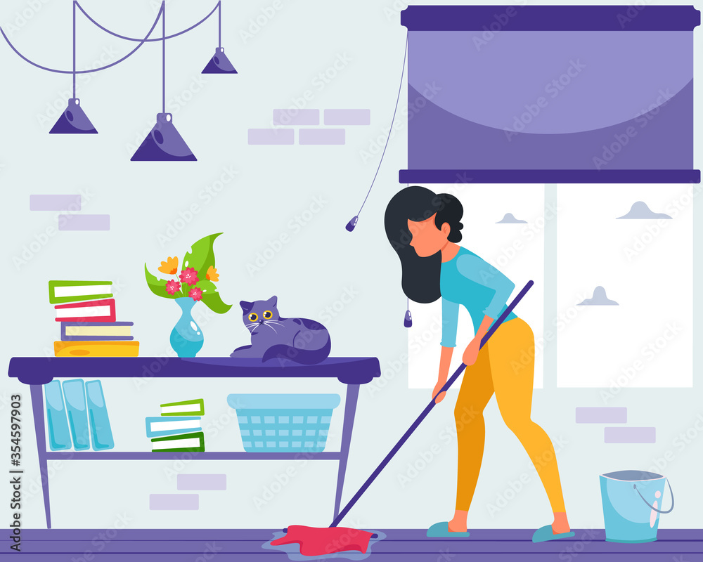 Young woman washing the floor at home. House cleaning. Vector illustration in flat style.
