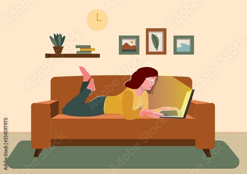 Freelance home or studying concept. Remote work. Woman works sitting at home. Girl with computer lies on the couch. Cartoon flat vector illustration.