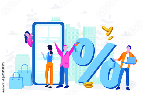 People shop online. Discount, E-commerce and online shopping. Vector illustration for web banner, infographics, mobile. Shopping in big city, All stores in your smartphone. 