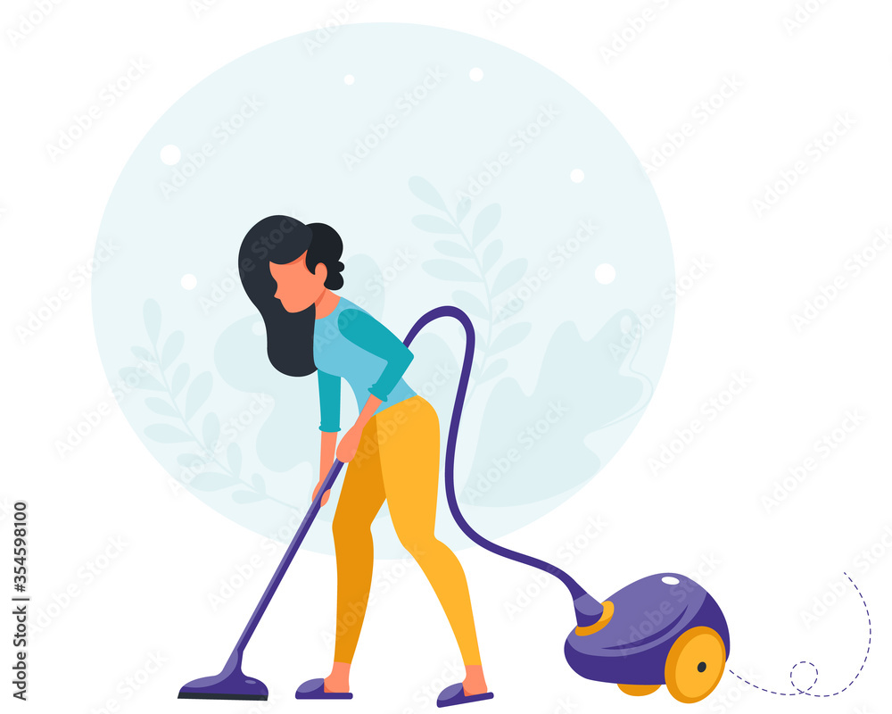 Woman is vacuuming. House cleaning concept. Housewife cleaning the house. Vector illustration in a flat style.