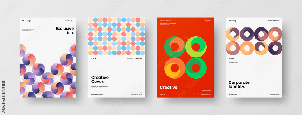 Fototapeta premium Company identity brochure template collection. Business presentation vector A4 vertical orientation front page mock up set. Corporate report cover abstract geometric illustration design layout bundle.