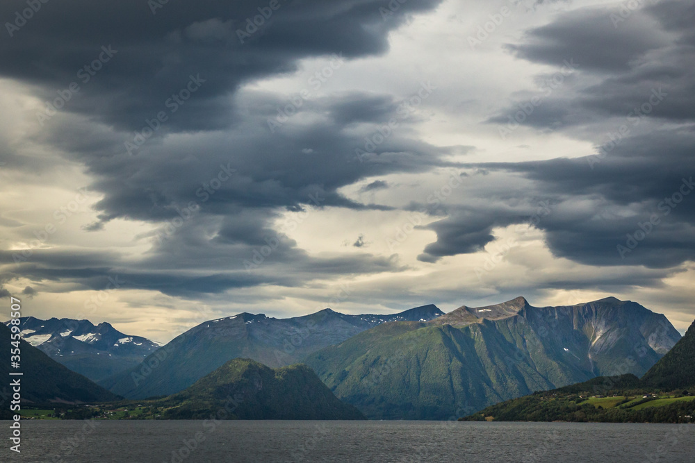 View on the mountains around Romsdalsfjorden fiord in middle Norway.