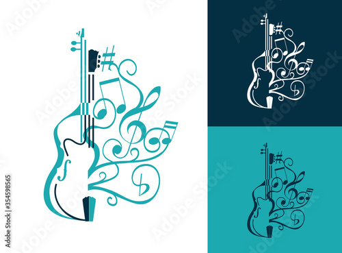 abstract musical sign with double bass, guitar lines, swirls and notes, g clef. vector