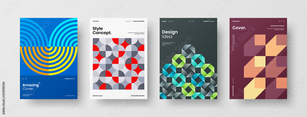 Obraz premium Company identity brochure template collection. Business presentation vector A4 vertical orientation front page mock up set. Corporate report cover abstract geometric illustration design layout bundle.