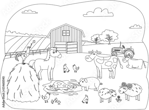 Cute farm animals with landscape - cow, pig, sheep, horse, chicken, hen.  Black and white vector illustration for coloring book	
