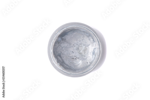 Jar of grey paint isolated on white background. Top view.