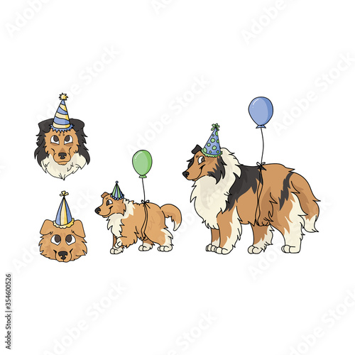 Cute cartoon rough collie dog party set vector clipart. Pedigree kennel sheepdog for dog lovers. Purebred domestic puppy for celebration illustration mascot. Isolated canine fluffy. 
