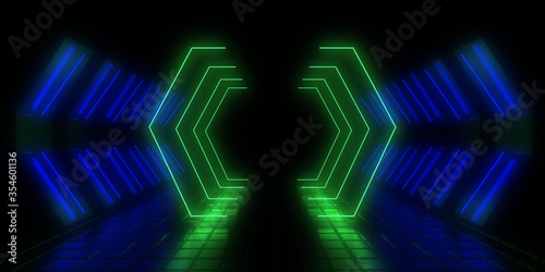 3D abstract background with neon lights.neon tunnel 3d illustration