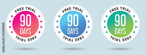 90 Days Free Trial stamp vector illustration.  Free trial badges. Vector certificate icon. Vector combination for certificate in flat style. Set of 3 beautiful color gradients.