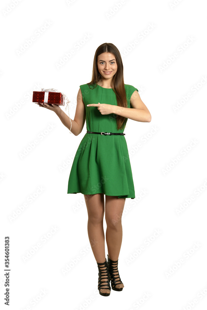 Beautiful happy woman with gift box on white background Beautiful happy woman with gift box on white background