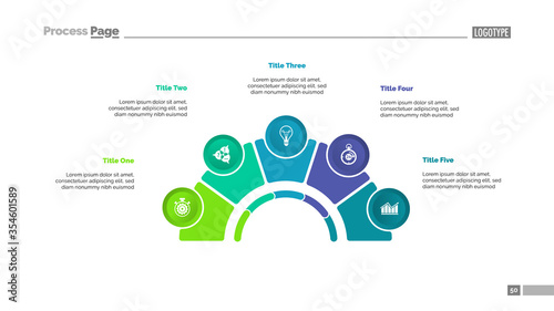 Process chart with five elements. Step diagram, pie chart, layout. Creative concept for infographics, presentation, project, report. Can be used for topics like management, strategy, planning.