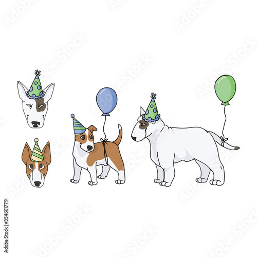 Cute cartoon bull terrier dog breed party set vector clipart. Pedigree kennel show dog lovers. Purebred domestic pooch for celebration illustration. Isolated canine puppy with snout. EPS 10