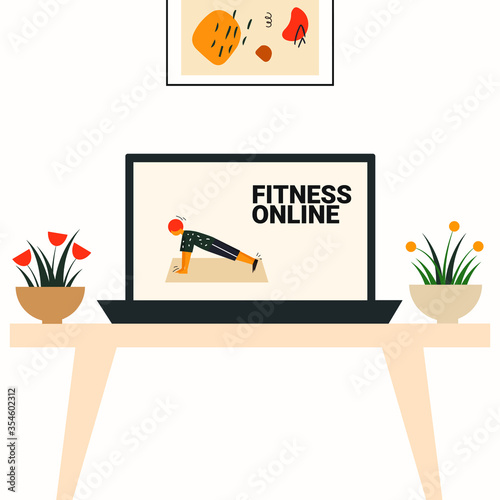 Laptop and video of boy working out at home. Online videos of sports and fitness workouts. Online fitness and gym tutorial. Workouts at home. Online education vector flat illustration eps 10