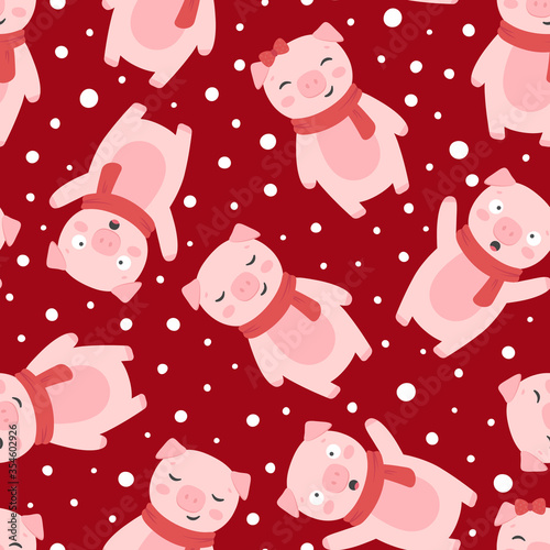 Pig Seamless Pattern Background, Scandinavian Happy cute pig, cartoon pig vector illustration for kids nordic background