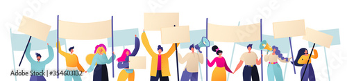 Horizontal banner for social networks with characters with placards and signboard on strike or protest, riot, picket, demonstration web page design. Cartoon flat vector illustration.