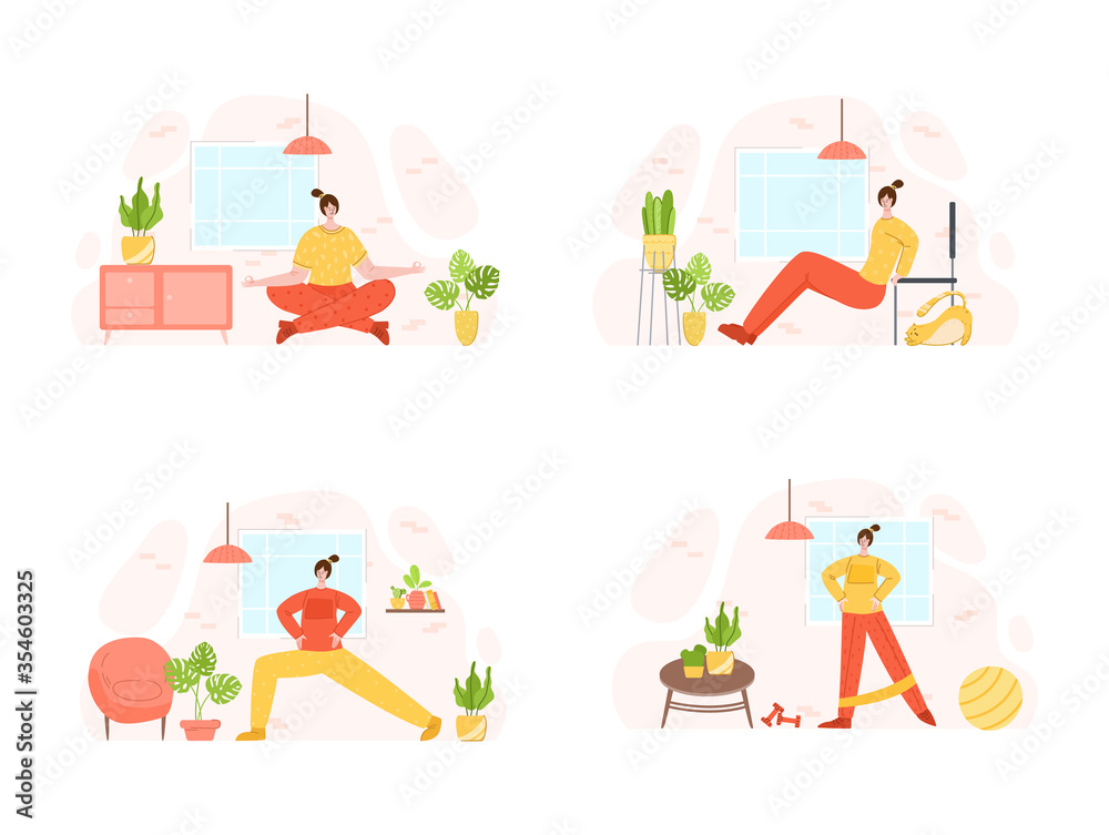 Women doing sport exercises at home. Indoor training or workout concept. Home activity for people health. Girls doing fitness in living room with simple equipment - vector illustration on white Women doing sport exercises at home. Indoor training or workout concept. Home activity for people health. Girls doing fitness in living room with simple equipment - vector illustration on white