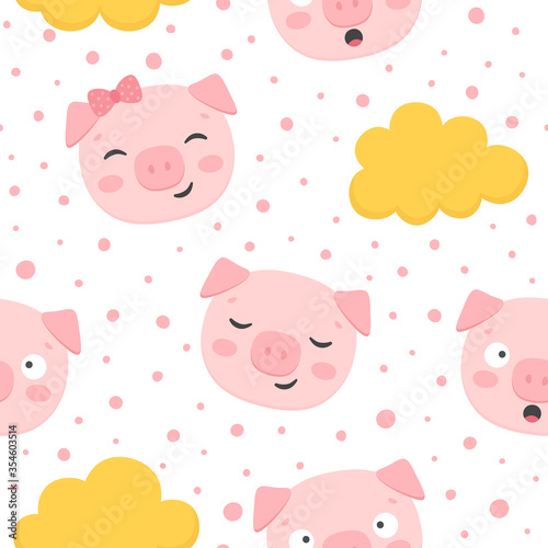 Pig Seamless Pattern Background, Scandinavian Happy cute pig, cartoon pig vector illustration for kids nordic background