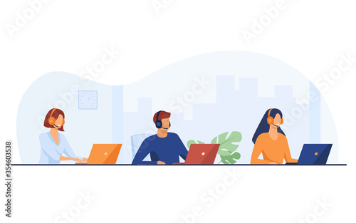 Customer support representatives working in call center. People in headset working at laptop in office flat vector illustration. Support service concept for banner, website design or landing web page