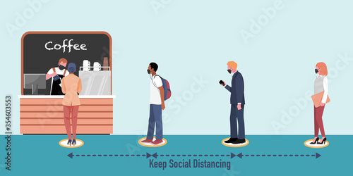 Office people wearing mask keep social distancing while queueing at coffee shop cafe.