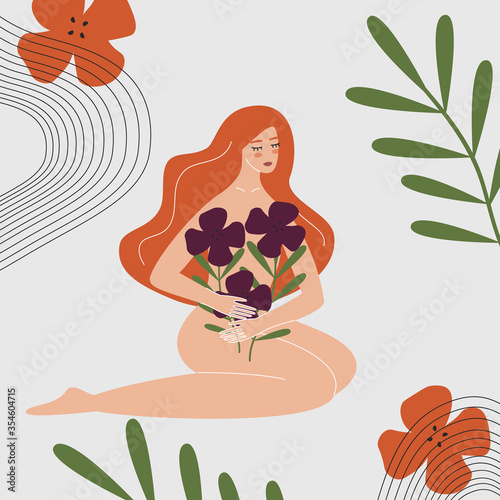 Woman health and gynecology concept. Wild and natural female beauty. Beautiful pregnant naked girl holding bouquet of flowers. Idea of fertility, feminism, body positivity. Flat vector illustration