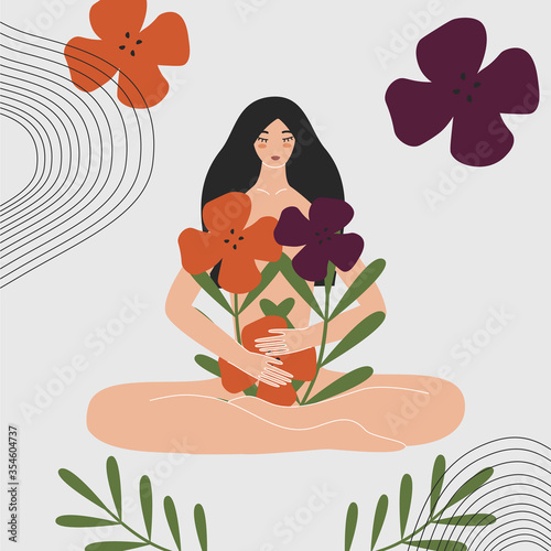 Woman health and gynecology concept. Wild and natural female beauty. Beautiful pregnant naked asian girl holding bouquet of flowers. Idea of fertility, body positivity. Flat vector illustration photo