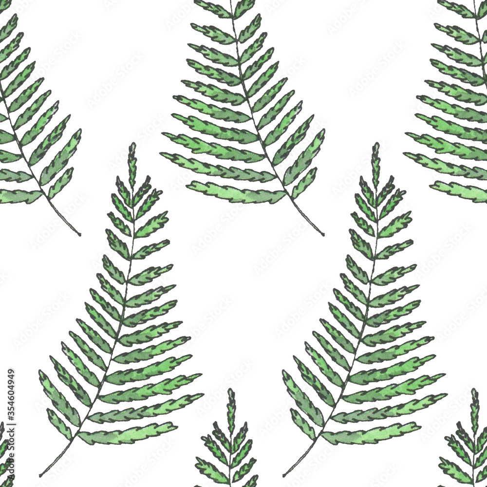 Obraz premium Greenery is a collection of high-quality hand-drawn watercolor patterns with leaves, plants leather fern in sketch and doodle style on white background