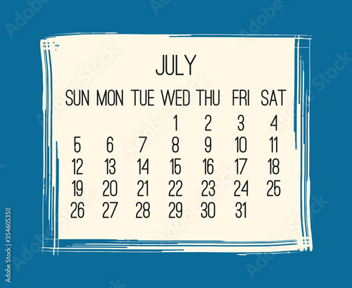 July year 2020 monthly hand drawn brush stroke calendar