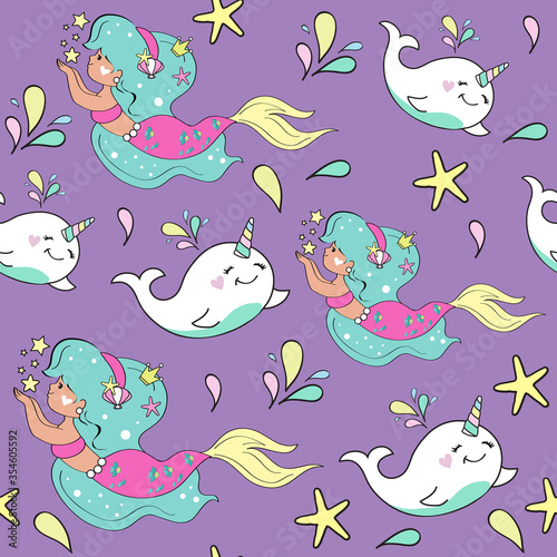 Beautiful vector illustration with a little mermaid and unicorn whale on a lilac background seamless pattern for children. Concept summer and friendship. Birthday card