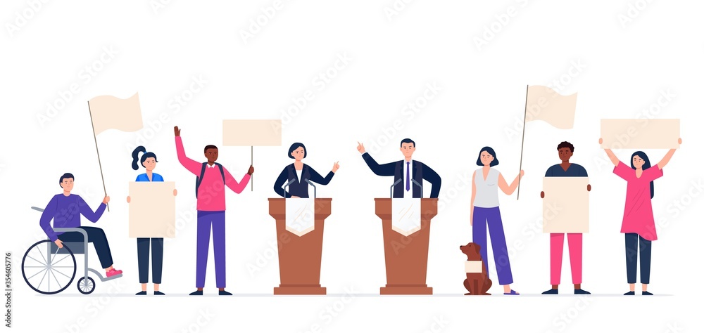 Obraz premium Political meeting with candidates. Pre-election campaign concept. Multinational people with support banners. Man and woman voters. Flat vector illustration.