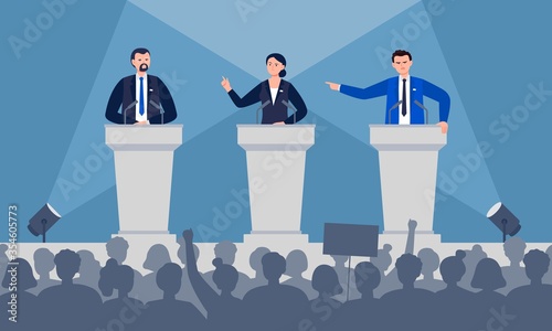 Politicians are discussing on stage. Debates concept. Candidates speech in front of the crowd people. Flat vector illustration.