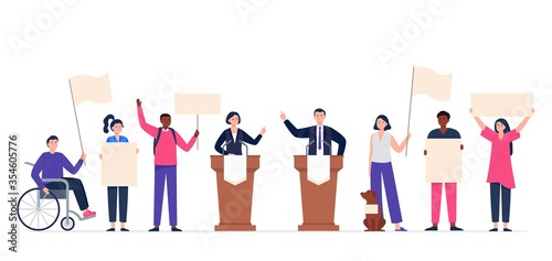 Political meeting with candidates. Pre-election campaign concept. Multinational people with support banners. Man and woman voters. Flat vector illustration.