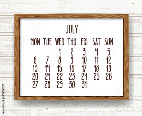 July year 2020 monthly calendar in a wooden frame