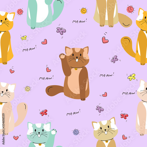 Cute Cartoon Cat seamless pattern doodle and flat design.