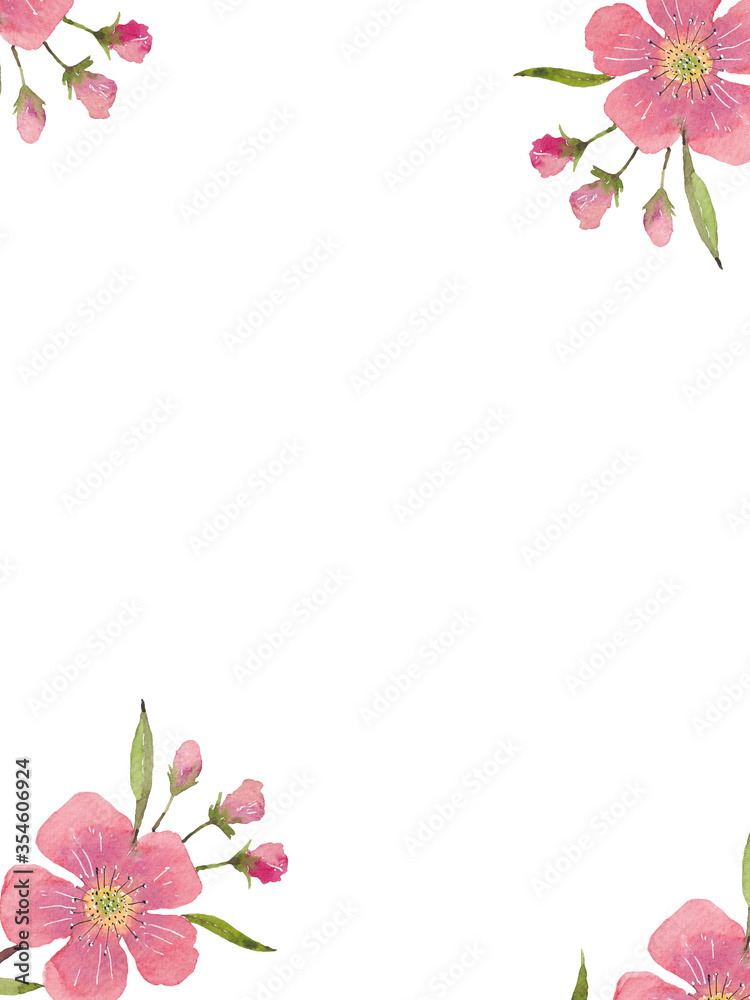 Frame from a hand-drawn watercolor pink flowers on a white background. Use for menus, invitations.