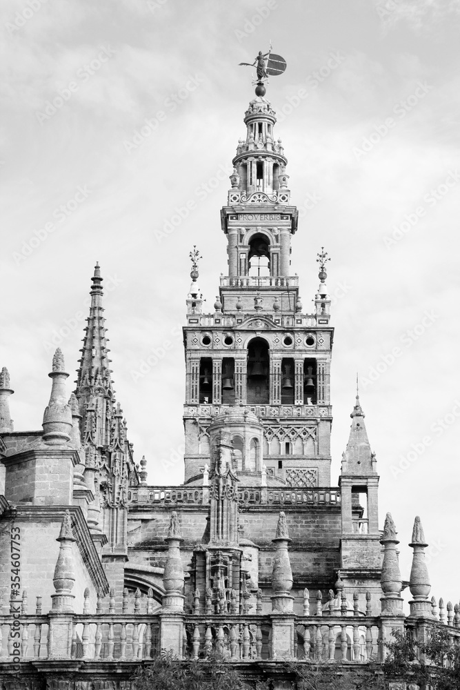 Seville cathedral. Black and white retro style.