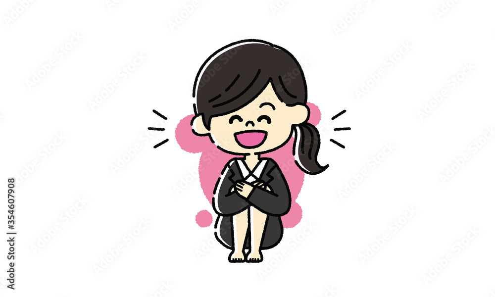 体育座りをして笑うスーツ姿の女性 体育座りをして笑うスーツ姿の女性