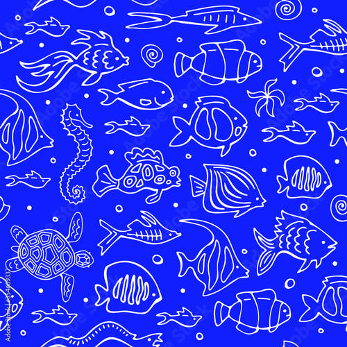 Seamless pattern with doodle fishes on a blue background. Vector set. Hand drawing. © yulanaom
