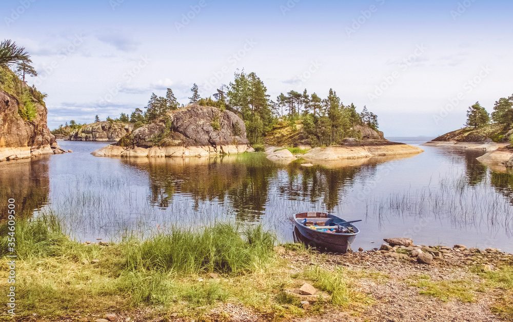 landscape of the Russian north. Lake Ladoga and the rocky shores of the islands
