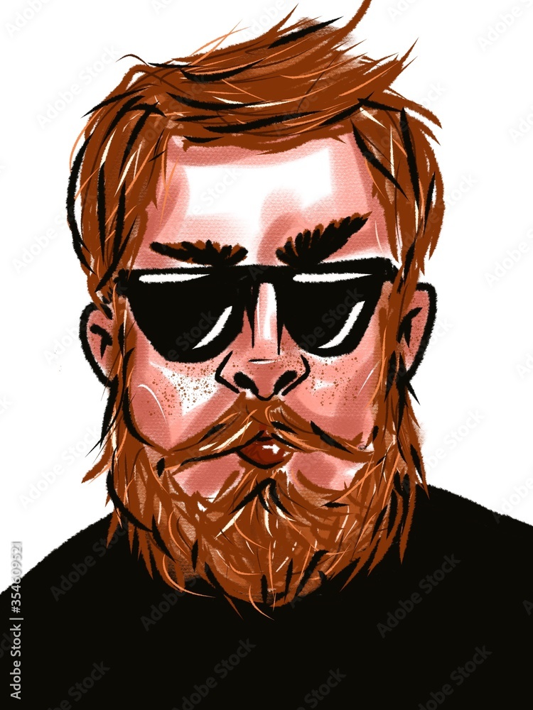 young handsome ginger bearded brutal man in sunglasses portrait isolated on white