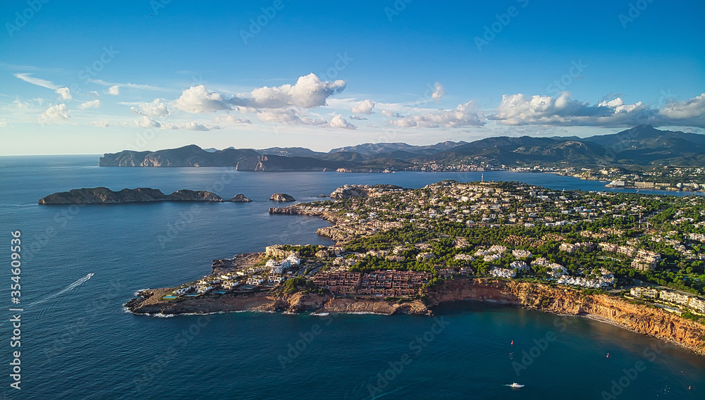 Aerial view coastline near Port Adriano, located just below the cliffs of the small neighborhood of El Toro, an area in the municipality of Calvia. Island of Majorca. España, Spain