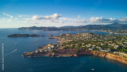 Aerial view coastline near Port Adriano, located just below the cliffs of the small neighborhood of El Toro, an area in the municipality of Calvia. Island of Majorca. España, Spain
