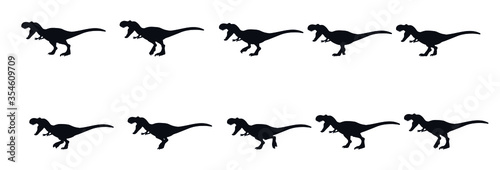 A dinosaur, animated sprites of a tyrannosaur gait. Black and white silhouettes.